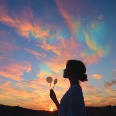 Young woman enjoying colorful sunset while holding candy in hand, silhouette against vibrant sky with clouds and stunning colors, peaceful and joyful atmosphere