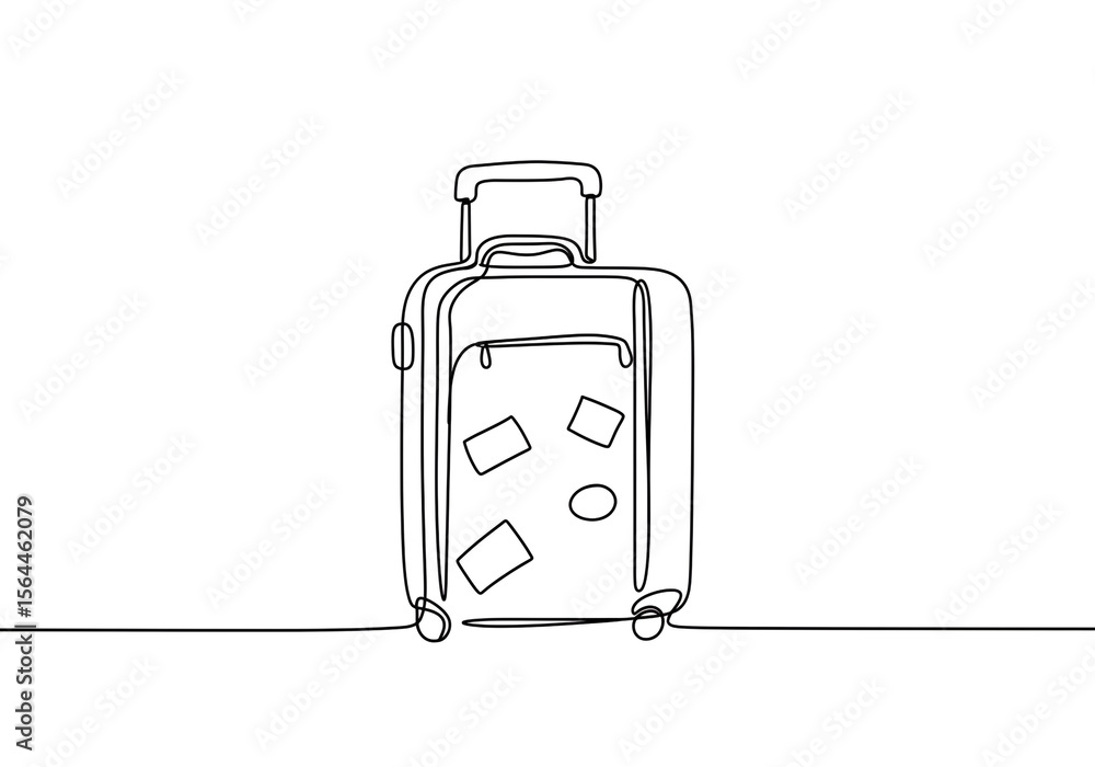 Poster a minimalist line art drawing of a suitcase with stickers on a white background simple design