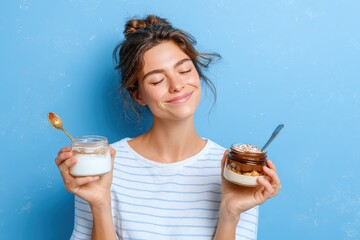 Young woman holding jars of yogurt and granola with a joyful expression against a blue background, embodying healthy eating and lifestyle choices.