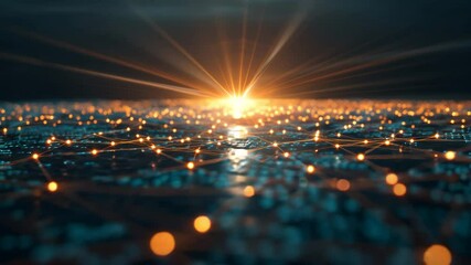 A brilliant golden light radiates over a vast, interconnected digital landscape of glowing nodes and circuits, symbolizing global data networks, technological breakthroughs.
