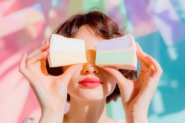 Young woman holds colorful cake slices in front of her face, showcasing vibrant pastel colors against a dreamy, blurred background of soft shades and light.