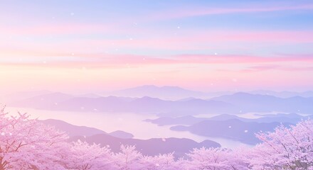 Pastel pink sunrise over mountains with cherry blossoms.