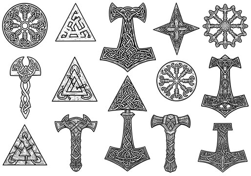 Collection of Norse Mythology Symbols and Weaponry Designs: Intricate Knotwork and Tribal Art