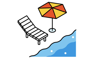 ビーチパラソルとビーチチェアのある波打ち際のシンプルな線画イラスト、夏のアイソメトリックイラスト