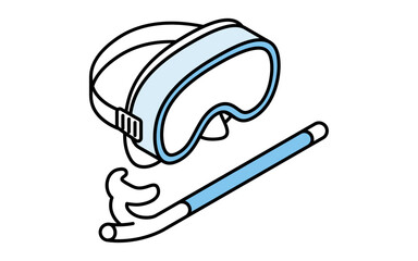 シュノーケルとシュノーケリングマスクのシンプルな線画イラスト、夏のアイソメトリックイラスト