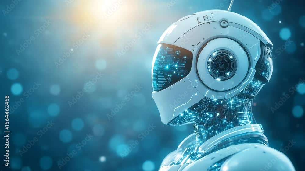 Poster a gleaming white robot with intricate blue internal circuitry and a reflective visor gazes towards a