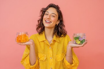 Young woman showcasing colorful gummy candies in jars against a playful pastel pink background, displaying joy and variety in her healthy snack choices.