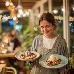 Young woman smiling while holding delicious desserts in a cozy café setting with warm ambient lighting and a blurred background of friends enjoying their time.