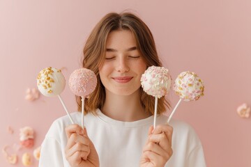 Young woman smiling while holding four colorful cake pops in front of a soft pink background, showcasing sweet treats for dessert inspiration and celebration moments.
