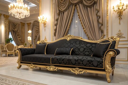 Ornate black and gold sofa in luxurious interior