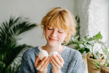 Young woman with light hair smiling softly while holding two rice balls in a bright, minimalistic room filled with greenery, showcasing a joyful culinary moment.