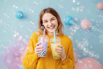 Young woman with joyful expression holding two colorful bubble tea drinks against a playful pastel background with floating bubbles and soft decorations, embodying happiness and fun.