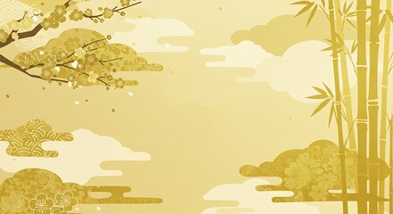 Golden floral and bamboo design background.