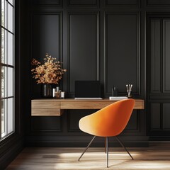 Home workplace with a wooden drawer writing desk and an orange chair positioned near a black wall with wainscoting. Interior design of a modern Scandinavian home office, Generative AI