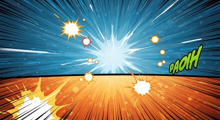 Comic book style explosion background with dynamic lines and effects.
