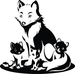 Obraz premium Fox Family Illustration: Cute Cartoon Foxes, Mother and Kits, Black and White Vector Art