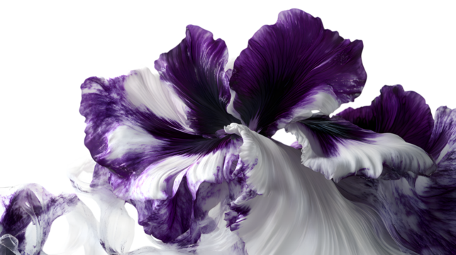 Captivating close up reveals the intricate details of a purple and white tulip against a stark transparent background.