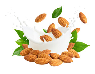 Almond Milk Splash with Nuts and Green Leaf, isolated on a transparent background”