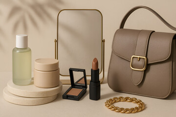 cosmetic bag and cosmetics. A high-resolution display of elegant beauty products and accessories on a beige background, featuring skincare, lipstick, eyeshadow, a handbag, mirror, and gold bracelet.