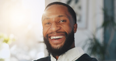 Happy, confident and portrait of black man in office with creative career development. Smile,...