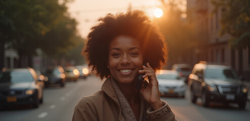 portrait of a young black woman on the street while talking on the phone