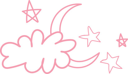 Cute pink hand drawn cloud moon and stars isolated on transparent background