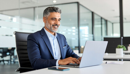 Business man using laptop computer typing in modern office. 