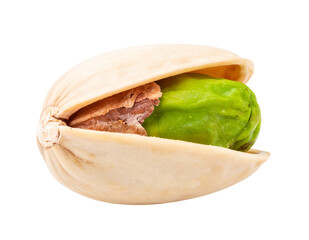 Open Pistachio Nut with Cracked Shell and Green Kernel, isolated on a transparent background”