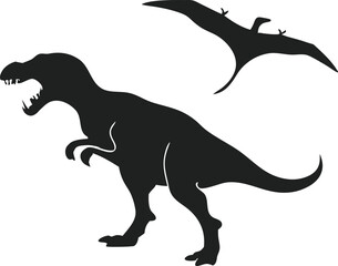  silhouette of a tyrannosaurus rex and a pterodactyl flying against a white background