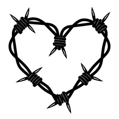 Barbed wire heart symbolizing love and pain, Illustration of a heart shape made from barbed wire, representing difficult love, heartbreak, emotional pain, or protection in relationships.

