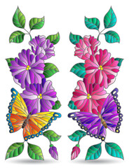 Set of stained glass illustrations with floral arrangements and butterflies, isolated on a white background