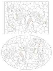 Set of contour illustrations in the style of a stained glass window with cute horses, dark outlines on a white background
