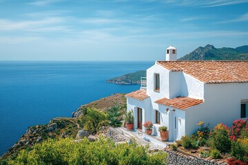 Traditional Mediterranean white house on a hill with a stunning sea view. Summer vacation background, Generative AI