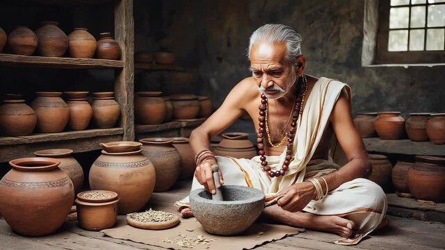 In a traditional Ayurvedic apothecary, an elderly Indian man dressed in a white dhoti and rudraksha beads gracefully grinds herbs using a mortar and pestle. Clay pots surround him