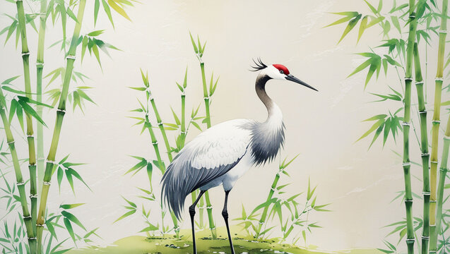 Elegant crane bird bamboo forest painting japanese art asian zen tranquility nature inspired illustration