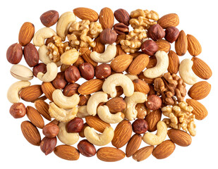 Assorted Nuts Mix with Almonds, Cashews, and Walnuts, Top View, isolated on a transparent background”