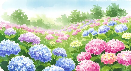 Colorful hydrangea blossoms in a field.