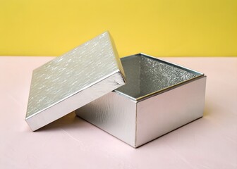 Photo of a silver embossed gift box with its lid ajar sits on a pink surface against a yellow background