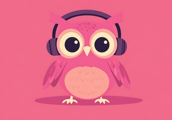 Obraz premium A pink cartoon owl with headphones