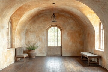 Fototapeta premium Stucco walls and an arched ceiling in a hallway. Interior design of a rustic entrance hall with a door in a country house, Generative AI