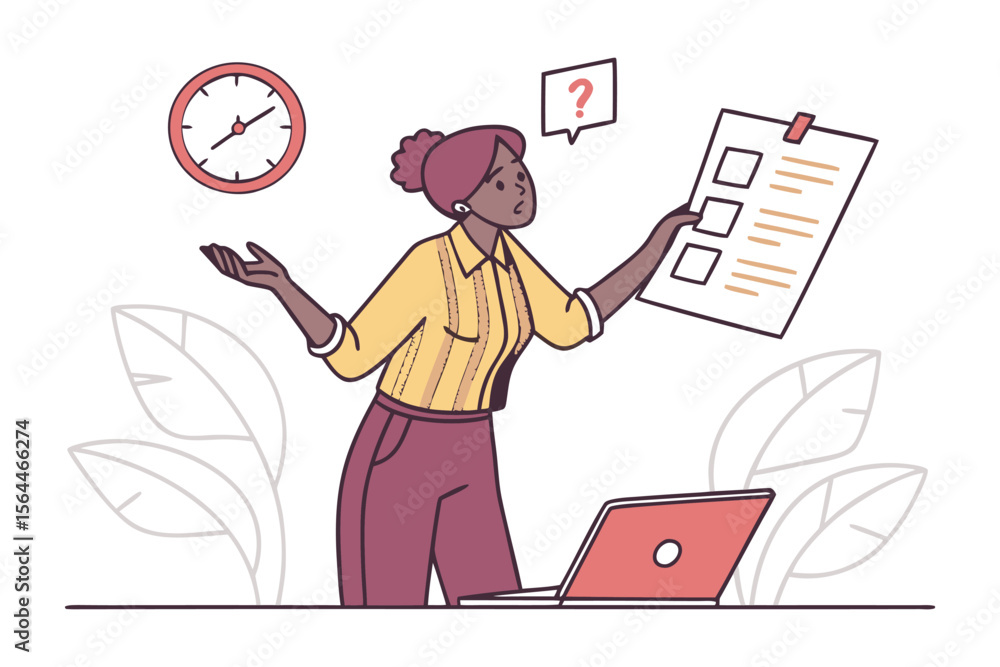 Poster confused woman with question mark and checklist looks at clock and laptop symbolizing uncertainty an