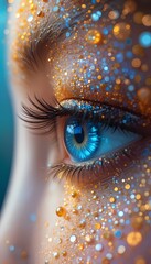 Cinematic Blue Eye with Glittering Bokeh and Vibrant Sparkles