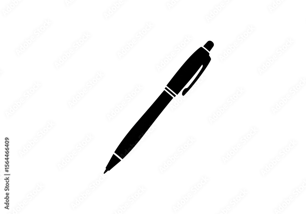 Poster a single black pen with a clip and a pointed tip isolated on a plain white background angled slightl