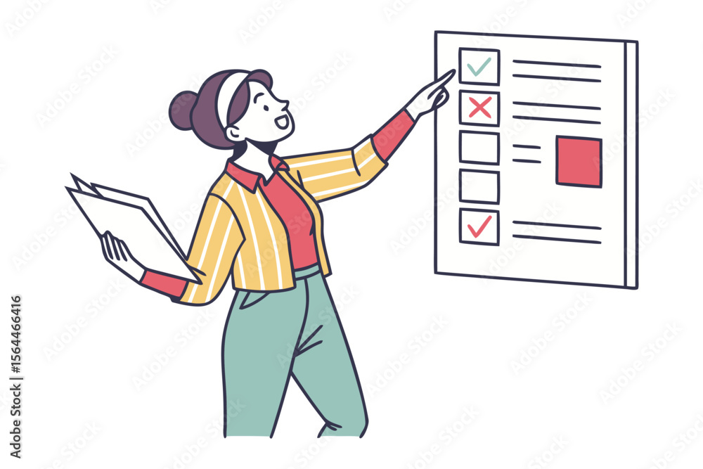 Poster woman with a checklist pointing to a completed task and a failed task while holding papers symbolizi