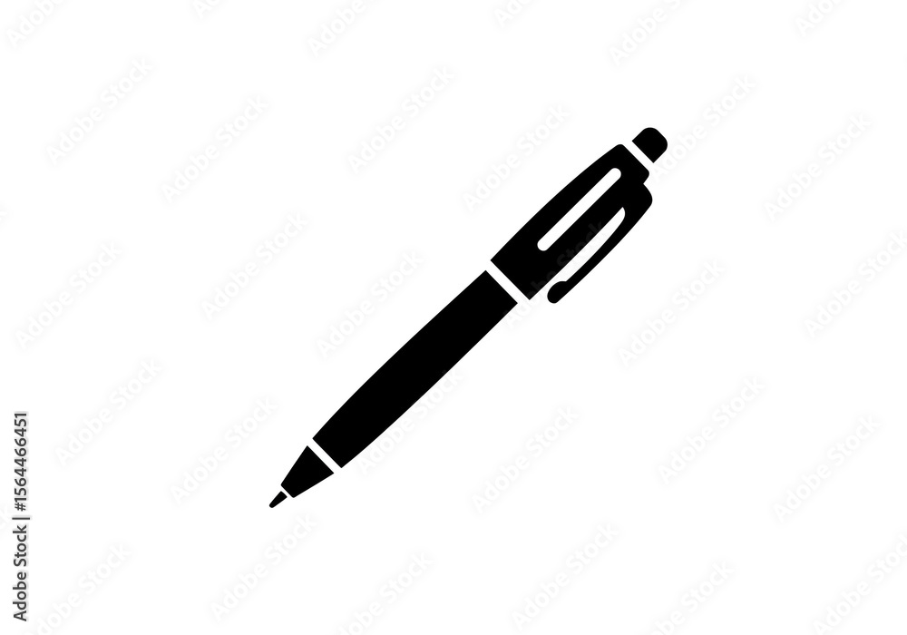 Poster a black and white image featuring a single ballpoint pen with a clip and a pointed tip design elemen