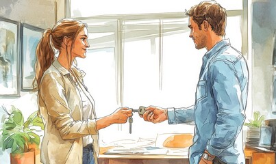 Realtor handing over key to new apartment to client after signing lease agreement, highlighting successful real estate transactions, Generative AI