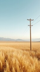 Fototapeta premium Vast expanse of golden wheat under a serene sky featuring a weathered wooden power pole with a mountain backdrop