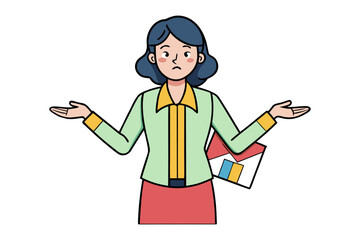 Confused woman with outstretched arms and a folder questioning and uncertain expressing doubt
