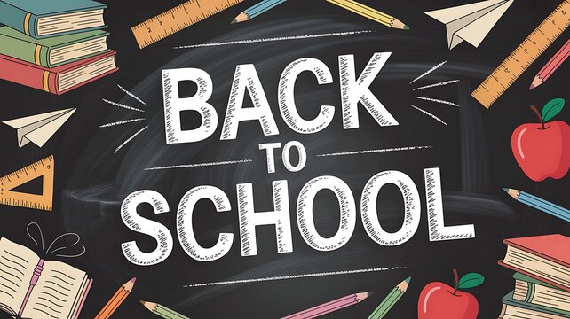 Classic chalkboard back to school design with white hand-drawn educational doodles and bold chalk text effect