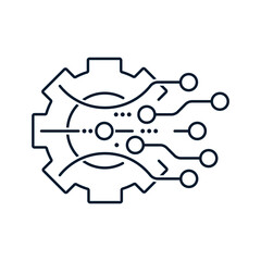 Gear, wires. Concept of transformation process, digital technologies. Vector linear icon isolated on white background.
